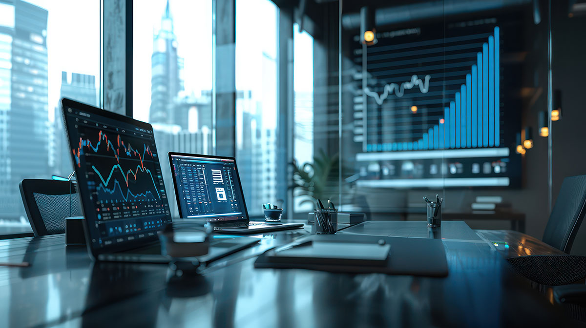 finance data on laptop and desk